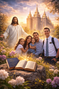 A visual representation of key elements of the Latter-day Saint faith, including family, sacred scripture, devotion to Jesus Christ, and the temple.